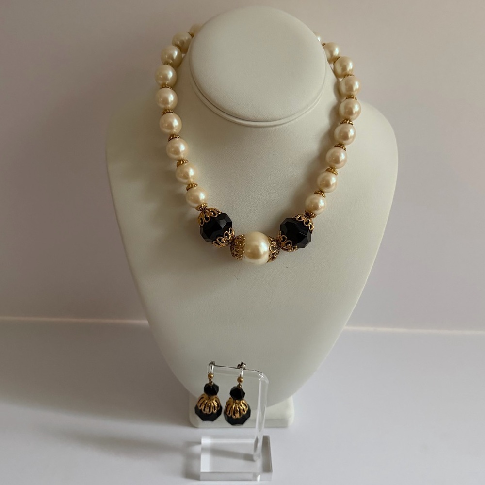 Vintage Faux Pearl Black Bead Necklace Earring Set Gold Tone Statement